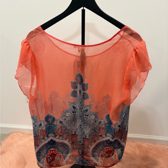 Chic Women's Coral and Blue Blouse - Picture 2 of 3